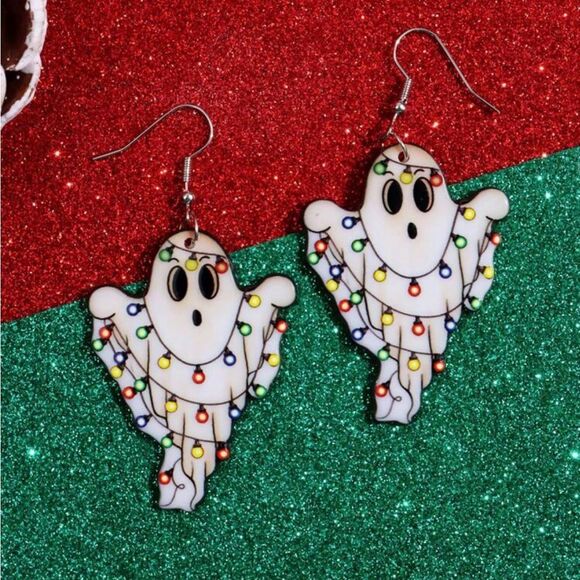 Christmas Ghost Earrings, Dangling, Lightweight, with Christmas lights, … - Picture 3 of 3